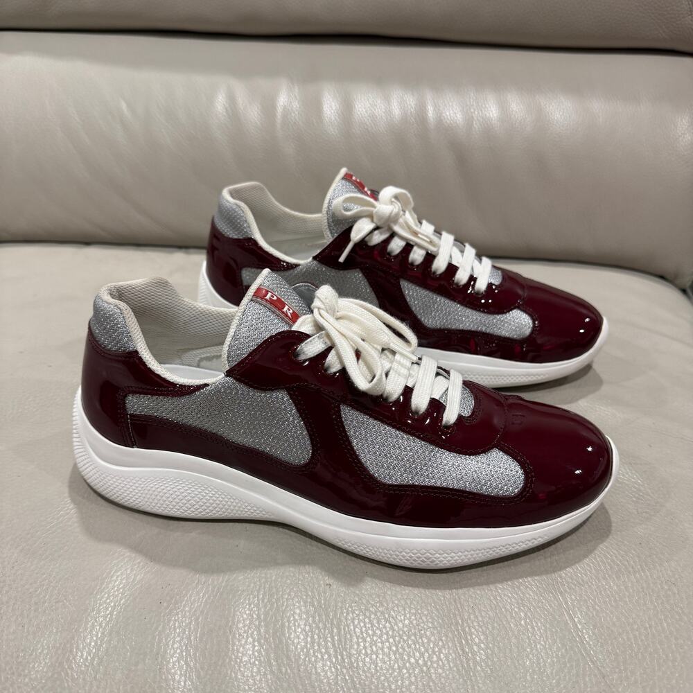 Prada America's Cup Linea Rossa Low Top Sneakers Burgundy Patent Silver US9